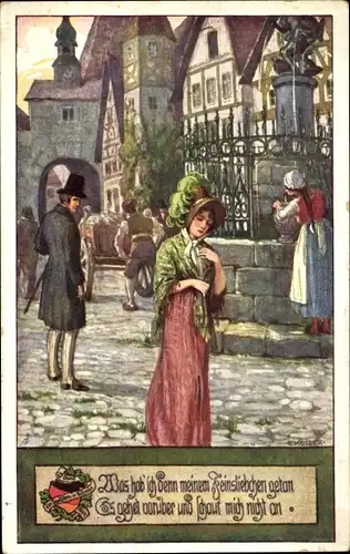 Künstler Ak Kutzer, Ernst, Mann schaut auf Markt einer Dame hinterher