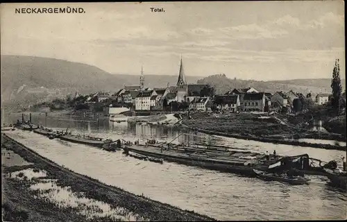 Ak Neckargemünd in Baden Württemberg, Gesamtansicht der Stadt, Lastkähne auf dem Neckar