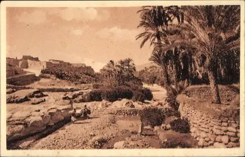 Ak El Kantara Algerien, Oued, Palmen, Ruine