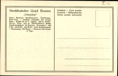 Ak Norddeutscher Lloyd Bremen, Salondampfer Columbus