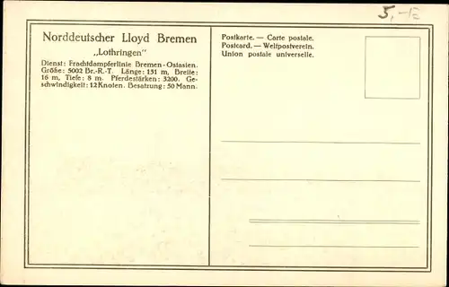 Ak Norddeutscher Lloyd Bremen, Frachtdampfer Lothringen