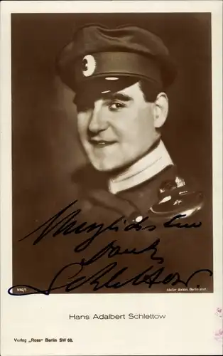 Ak Schauspieler Hans Adalbert Schlettow, Portrait in Uniform, Autogramm