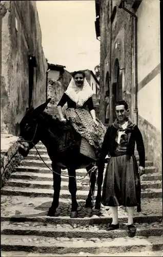 Ak Mallorca Balearische Inseln, Escena tipica, Balearische Volkstracht, Esel