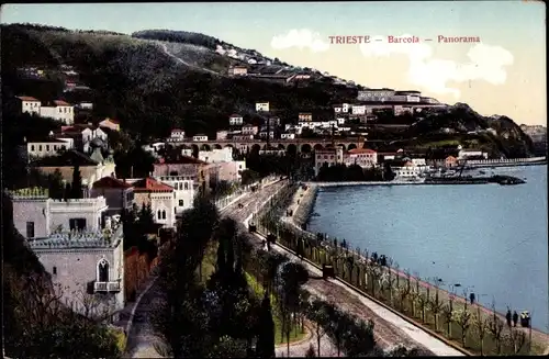 Ak Triest Friuli, Barcola, Panorama, Promenade am Wasser, Villen