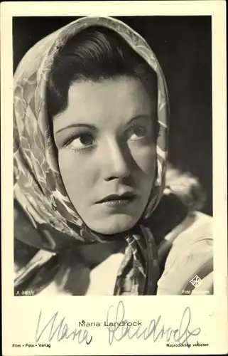 Ak Schauspielerin Maria Landrock, Portrait mit Kopftuch, Film Foto Verlag A 3461/1, UfA, Autogramm