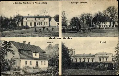 Ak Malerzow Mahlen Malen Schlesien ?, Schloss, Schule, Rittergut, Gasthaus