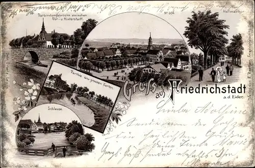 Litho Friedrichstadt an der Eider Nordfriesland, Schleuse, Verbindungsbrücke, Holtmartor, Panorama