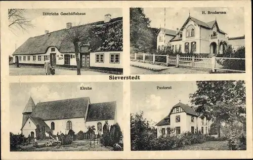 Ak Sieverstedt in Schleswig Holstein, Dittrichs Geschäftshaus, H. Brodersen, Kirche, Pastorat