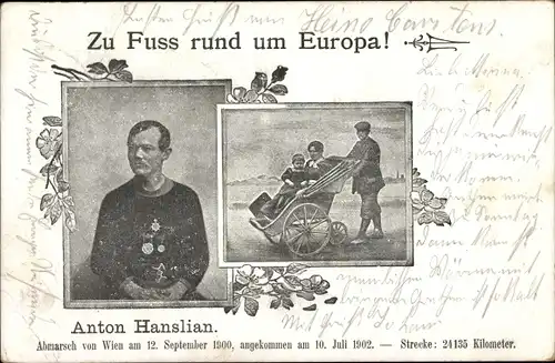 Ak Zu Fuß rund um Europa, Anton Hanslian, Abmarsch von Wien 1900