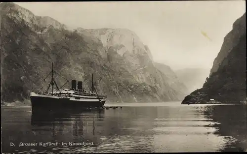 Ak Dampfer Großer Kurfürst, Norddeutscher Lloyd Bremen, im Naerofjord Norwegen, Polarfahrt