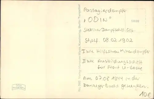 Ak Seebäderdampfer Odin, Stettiner Dampfschifffahrts-Gesellschaft