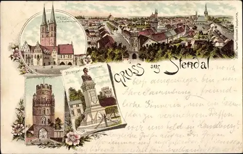 Litho Stendal in Sachsen Anhalt, Roland, St. Marienkirche, Nagtinger Tor, Nachtigal Denkmal