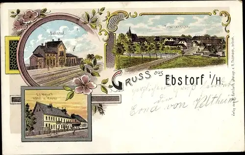 Litho Ebstorf in der Lüneburger Heide, Bahnhof, Gleisseite, Hotel zur Krone, Totalansicht