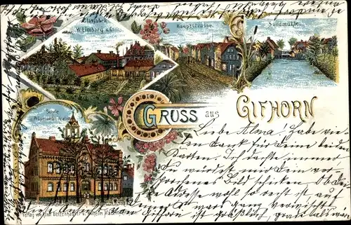 Litho Gifhorn in Niedersachsen, Schule, Präparanden-Anstalt, Glasfabrik Wimberg und Co.