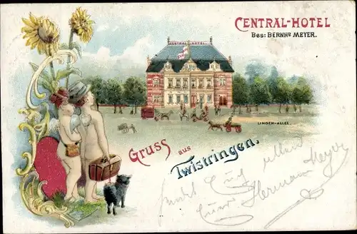 Litho Twistringen Niedersachsen, Central-Hotel, Engel mit Koffer