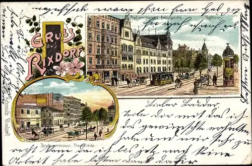 Litho Berlin Neukölln Rixdorf, Berlinerstraße, Hasenheide, Amtsgericht, Rathaus