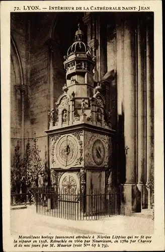 Ak Lyon Rhône, Kathedrale St. Jean, Innenansicht, Uhr