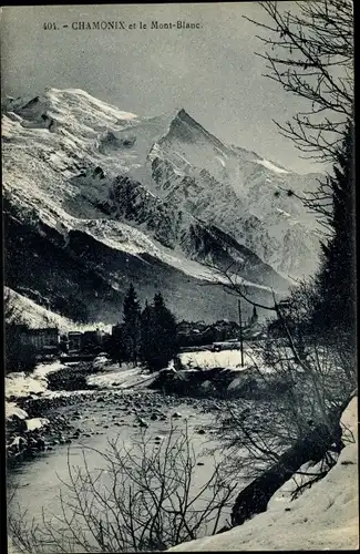 Ak Chamonix Mont Blanc Haute Savoie, Ortsansicht, Mont Blanc, Winter