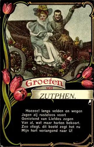 Gedicht Passepartout Ak Zutphen Gelderland, Grüße aus, Paar im Automobil, Tulpen