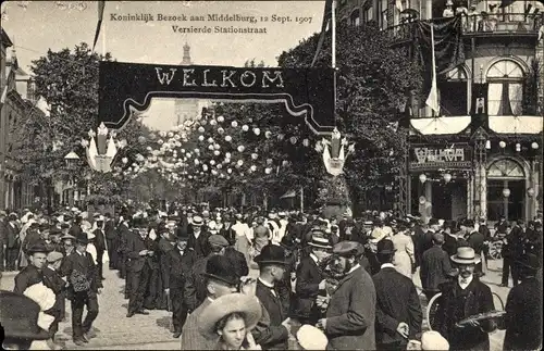 Ak Middelburg Zeeland Niederlande, Koninklijk Bezoek 12.September 1907, Versierde Stationstraat