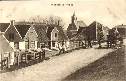 Ak Oudeschild Texel Nordholland Niederlande, Ortsansicht, Kirche, Kutsche