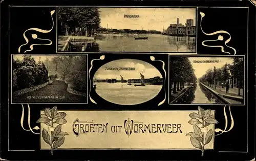 Ak Wormerveer Nordholland Niederlande, Wilhelminapark, Panorama, Gewässer, Windmühlen