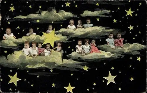Ak Kleinkinder auf Wolken, Sterne, Fotomontage