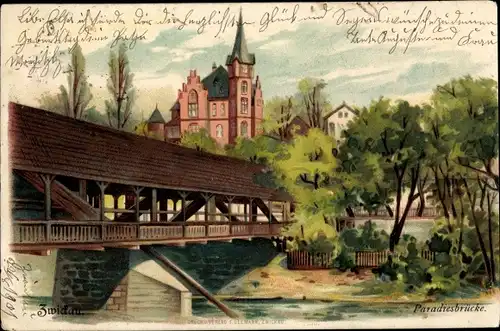 Litho Zwickau in Sachsen, Gedeckte Brücke, Paradiesbrücke