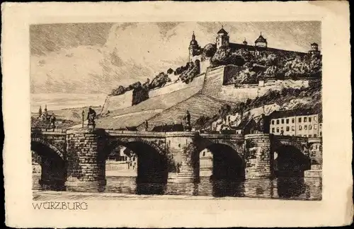 Künstler Ak Würzburg am Main Unterfranken, Teilansicht der Brücke mit Burg