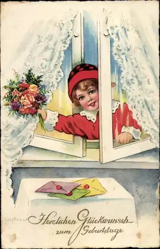Ak Glückwunsch Geburtstag, Mädchen am Fenster, Blumenstrauß