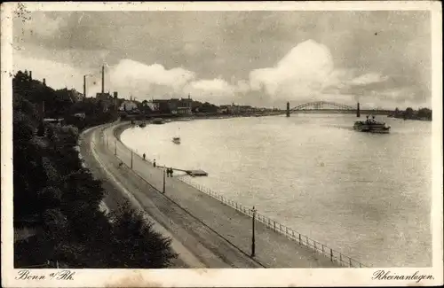 Ak Bonn am Rhein, Rheinanlagen, Brücke, Schiff