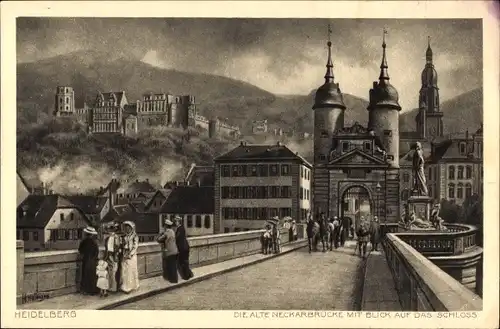 Künstler Ak Heidelberg am Neckar, Neckarbrücke, Schloss