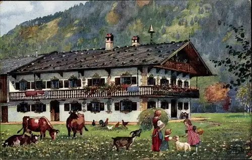 Künstler Ak Schliersee in Oberbayern, Schlierseehaus, Ziege, Kuh, Hühner
