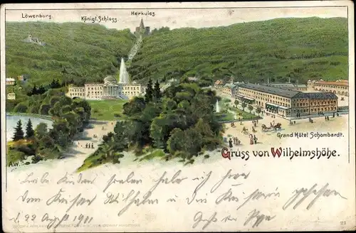 Künstler Litho Bad Wilhelmshöhe Kassel in Hessen, Löwenburg, Königliches Schloss, Herkules