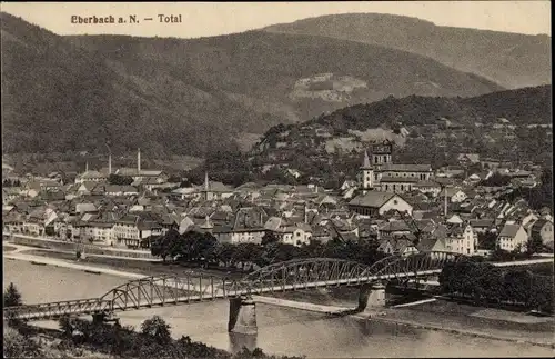 Ak Eberbach am Neckar Odenwald Baden, Totalansicht, Brücke