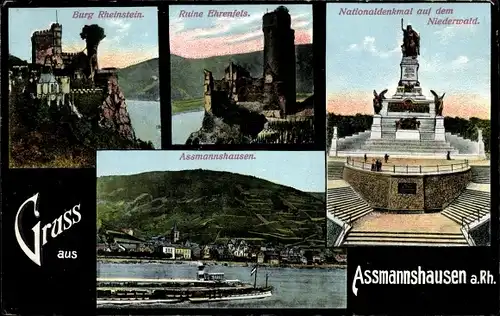 Ak Assmannshausen Rüdesheim am Rhein, Burg Rheinstein, Ruine Ehrenfels, Nationaldenkmal