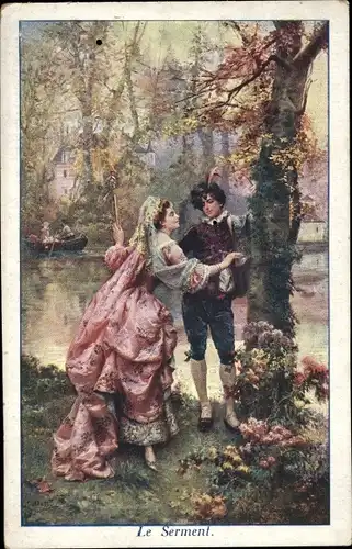 Künstler Ak Liebespaar am Fluss, Ruderboot