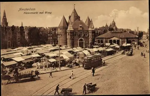 Ak Amsterdam Nordholland Niederlande, Nieuwmarkt met Waag, Markt, Straßenbahn