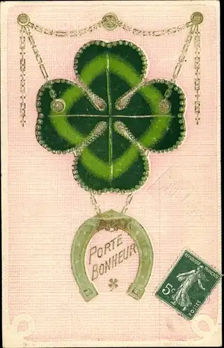 Präge Ak Hufeisen, Glücksklee, Kitsch