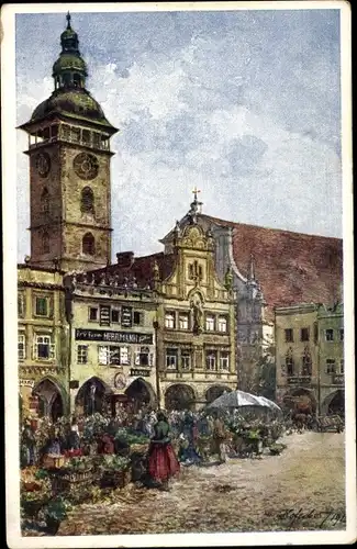 Künstler Ak Budweis České Budějovice Südböhmen, Ringplatz, Markt