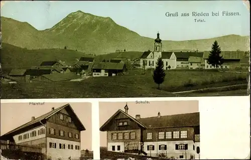 Ak Rieden am Forggensee Allgäu, Gesamtansicht, Kirche, Pfarrhof, Schule