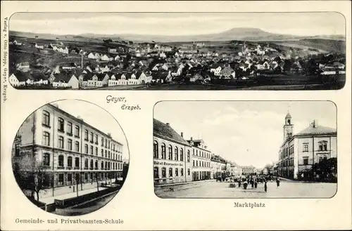 Ak Geyer im Erzgebirge Sachsen, Panorama, Gemeinde und Privatbeamtenschule, Marktplatz