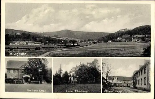 Ak Dalwigksthal Lichtenfels Hessen, Panorama vom Ort, Gasthaus Emde, Haus Hohenkampf, Gutshof Kampf