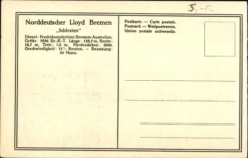Ak Frachtdampfer Schlesien, Norddeutscher Lloyd Bremen