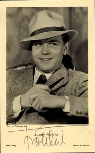 Ak Schauspieler Gustav Fröhlich, Portrait, Hut, Ross, Autogramm
