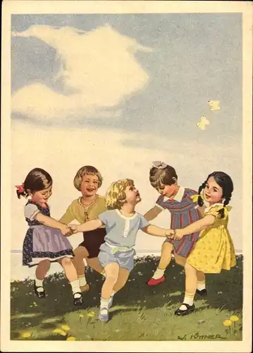 Künstler Ak Jüttner, W., Reklame Indanthren Textilien, Kinder beim Reigen