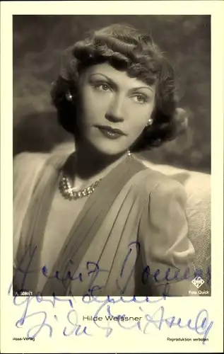 Ak Schauspielerin Hilde Weissner, Portrait, Autogramm