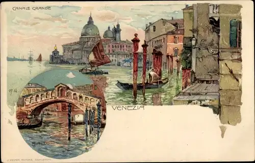 Künstler Litho Wielandt, Manuel, Venezia Venedig Veneto, Canale Grande, Rialto Brücke