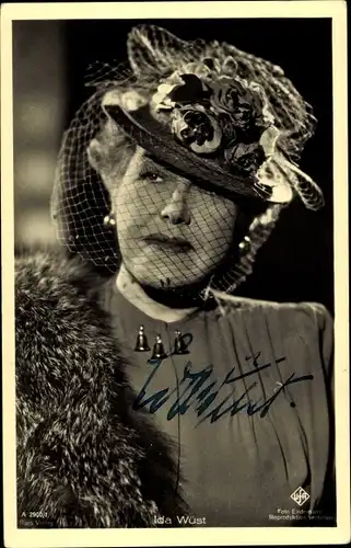 Ak Schauspielerin Ida Wüst, Portrait, Hut mit Schleier, Autogramm
