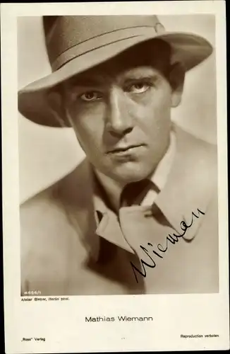 Ak Schauspieler Mathias Wieman, Portrait, Hut, Autogramm